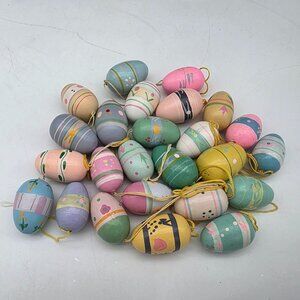 Hand Painted Wooden Easter Eggs With Hanging Loops Pastel Colors Lot of 25